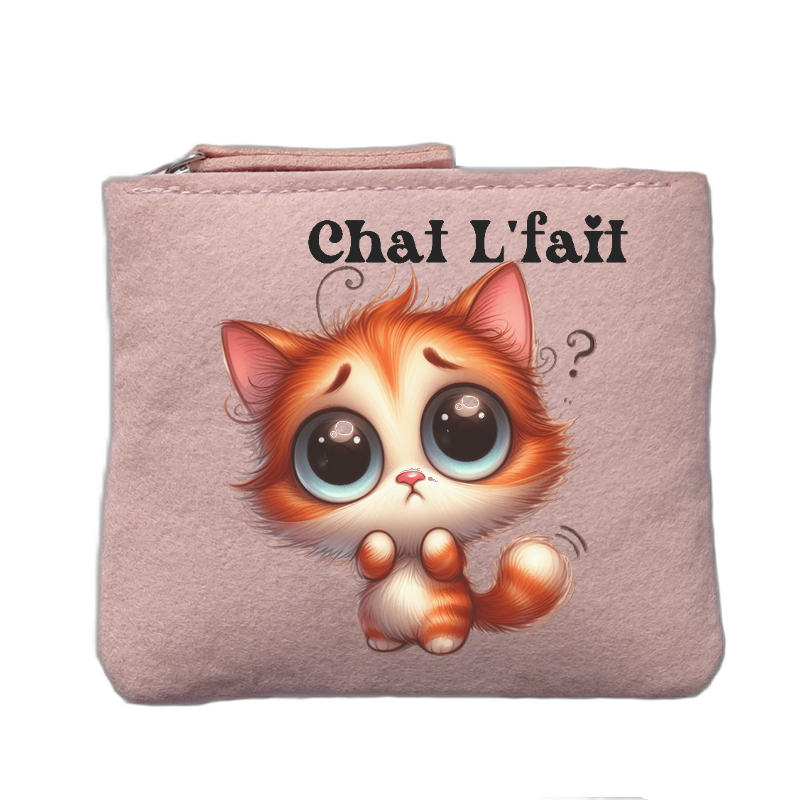 Porte monnaie personnalisé motif chat lfait rose clair en feutrine en feutrine