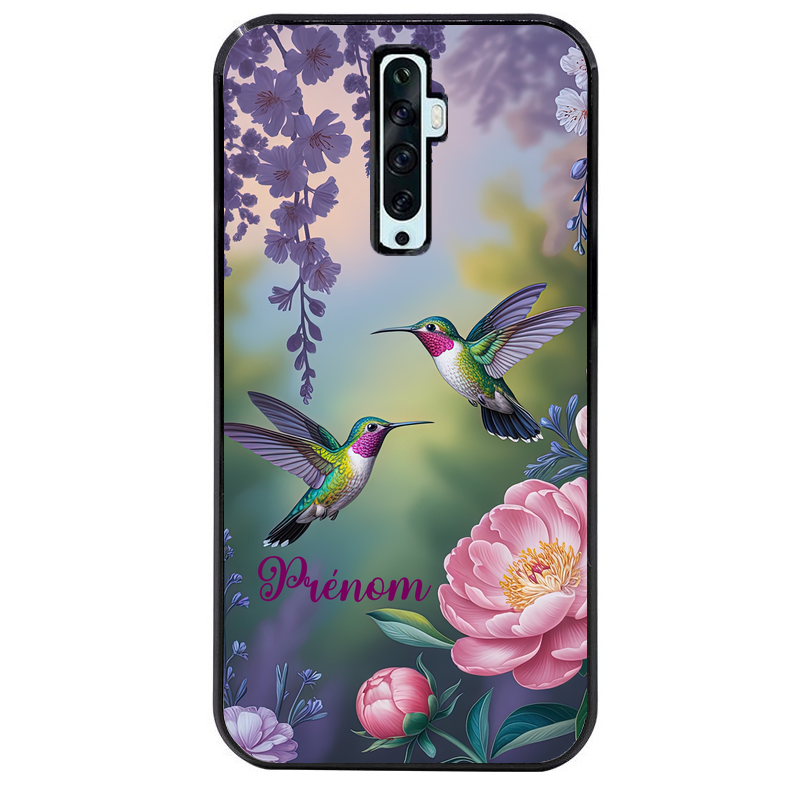 Coque noire taperso pour OPPO Reno 2 et 2Z avec motif colibri couple personnalise protection antichoc personnalisée