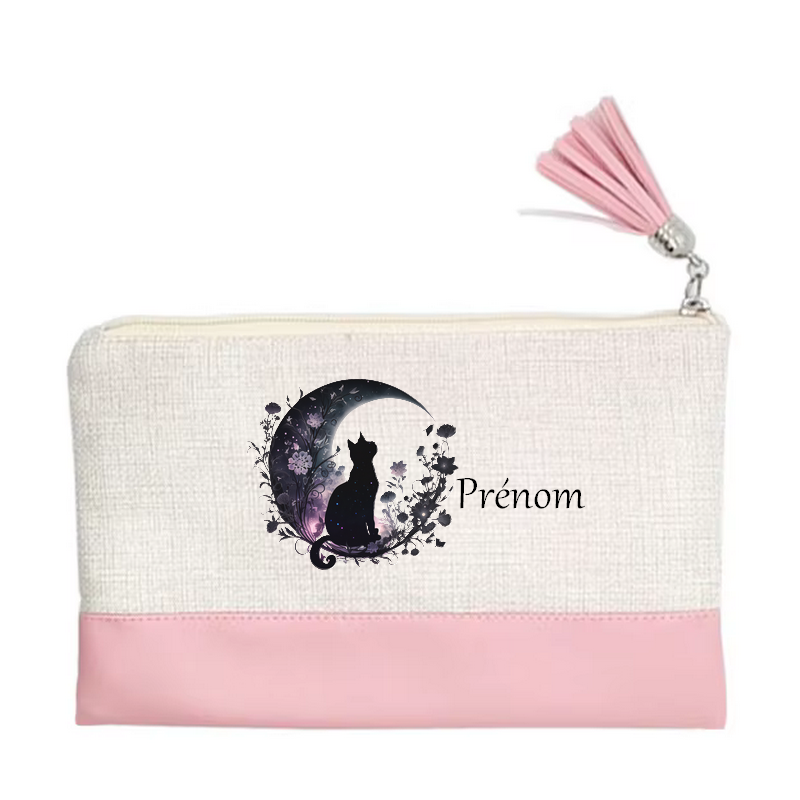 Pochette personnalisée motif chat lune en toile et simili cuir personnalisée