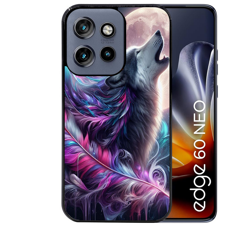 Coque noire taperso pour Moto Edge 60 et Neo Fusion Pro avec motif loup et plume protection antichoc personnalisée