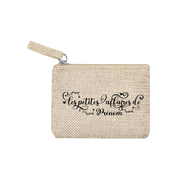 Pochette personnalisée motif petites affaires en toile et simili cuir personnalisée
