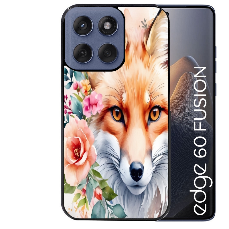 Coque noire taperso pour Moto Edge 60 et Neo Fusion Pro avec motif renard fox et fleurs protection antichoc personnalisée