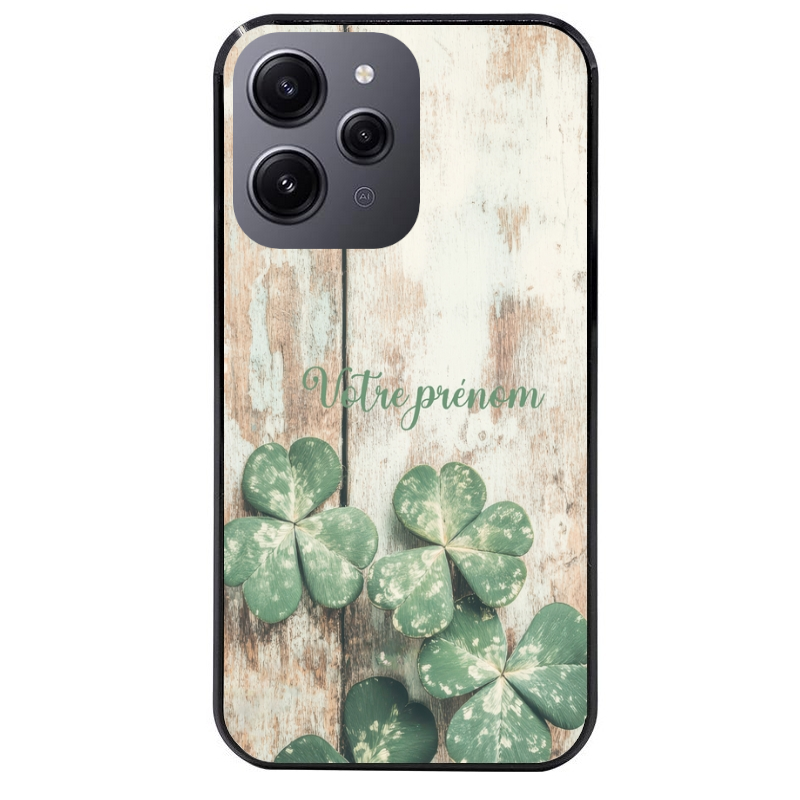 Coque noire taperso pour Redmi 12 4G et 5G avec motif bois et trefle personnalisee protection antichoc personnalisée