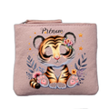 Porte monnaie personnalisé motif tigre fleur rose clair en feutrine en feutrine