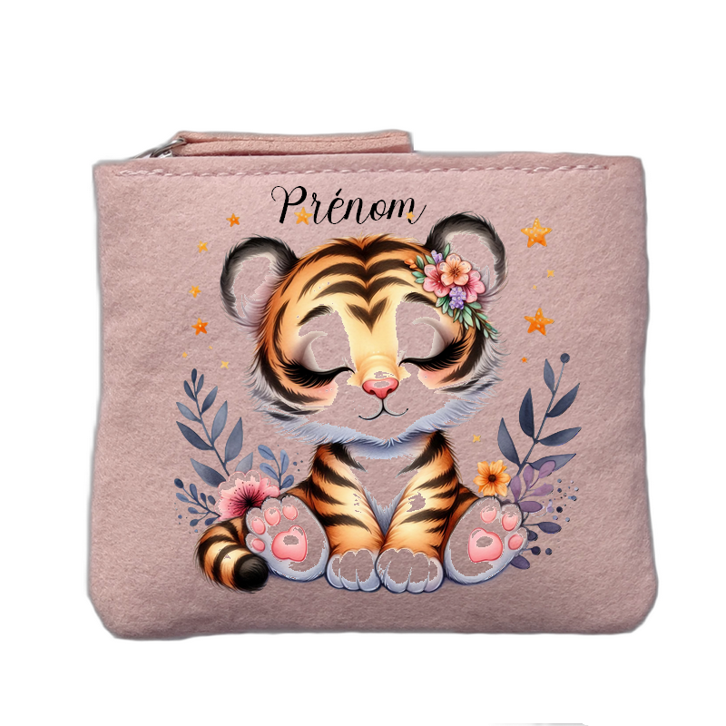 Porte monnaie personnalisé motif tigre fleur rose clair en feutrine en feutrine