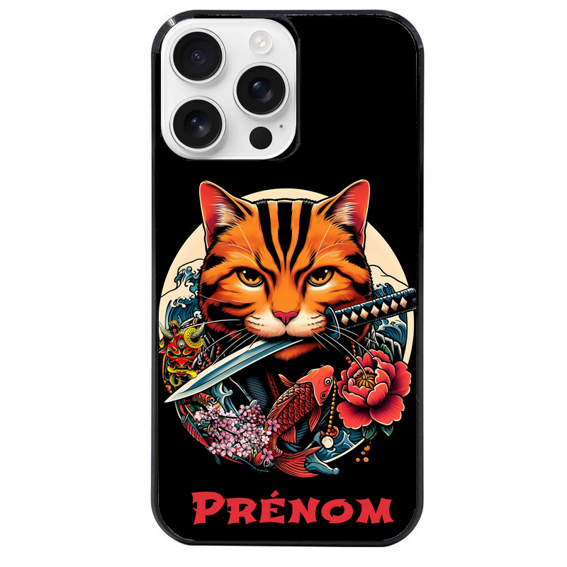 Coque noire taperso pour Iphone 16 16E PLUS MAX PRO avec motif chat carpe koii japan personnalise protection antichoc personnalisée