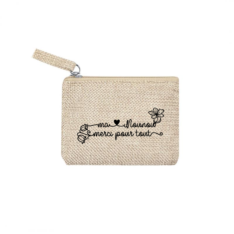 Pochette personnalisée motif nounou merci en toile et simili cuir personnalisée