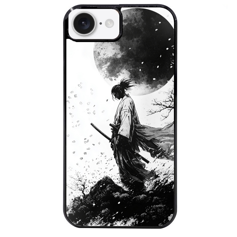Coque noire taperso pour Iphone 16 16E PLUS MAX PRO avec motif samourai et lune protection antichoc personnalisée