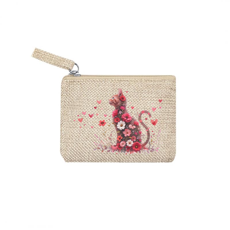 Pochette personnalisée motif chat fleur en toile et simili cuir personnalisée
