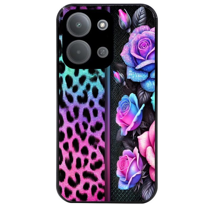 Coque noire taperso pour POCO C85 avec motif leopard et fleur protection antichoc personnalisée