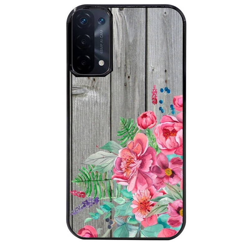 Coque noire taperso pour OPPO A54 et A74 5G avec motif bois gris et fleur rose protection antichoc personnalisée