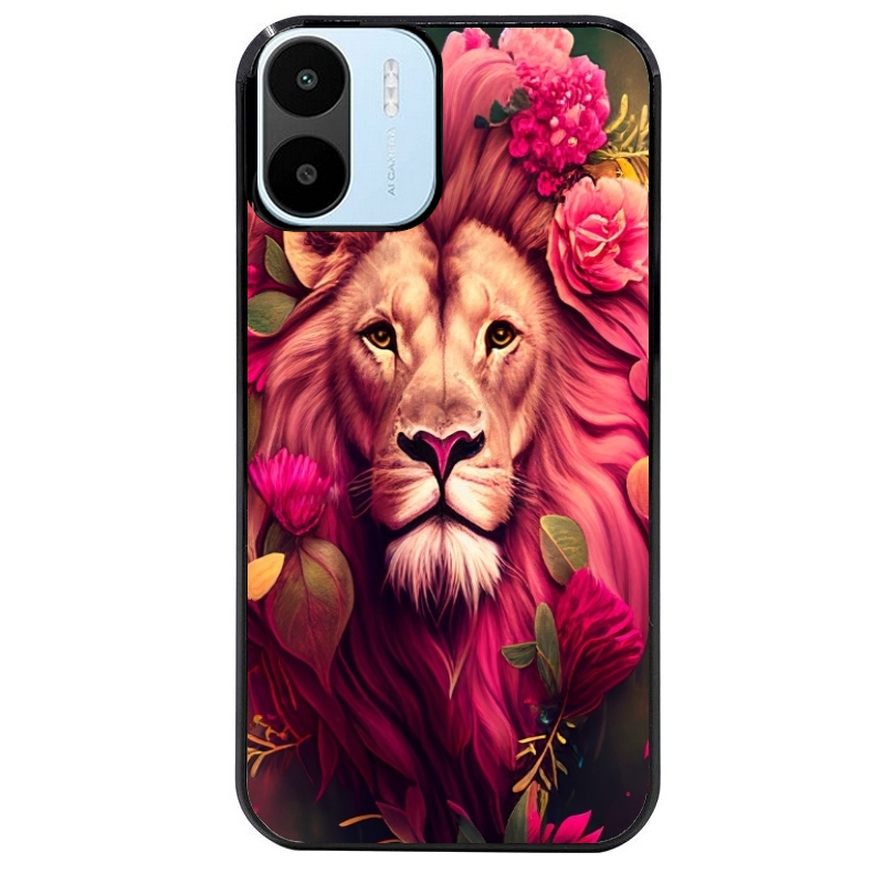 Coque noire taperso pour Redmi A1 et A2 avec motif lion et fleurs rose protection antichoc personnalisée
