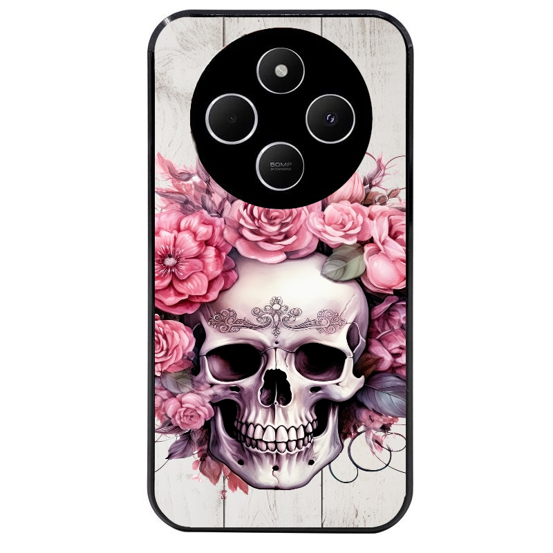 Coque noire taperso pour POCO C75 avec motif tete de mort floral protection antichoc personnalisée