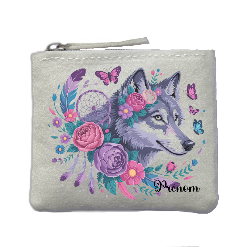 Porte monnaie personnalisé loup dreamcatcher ivoire en feutrine en feutrine ivoire