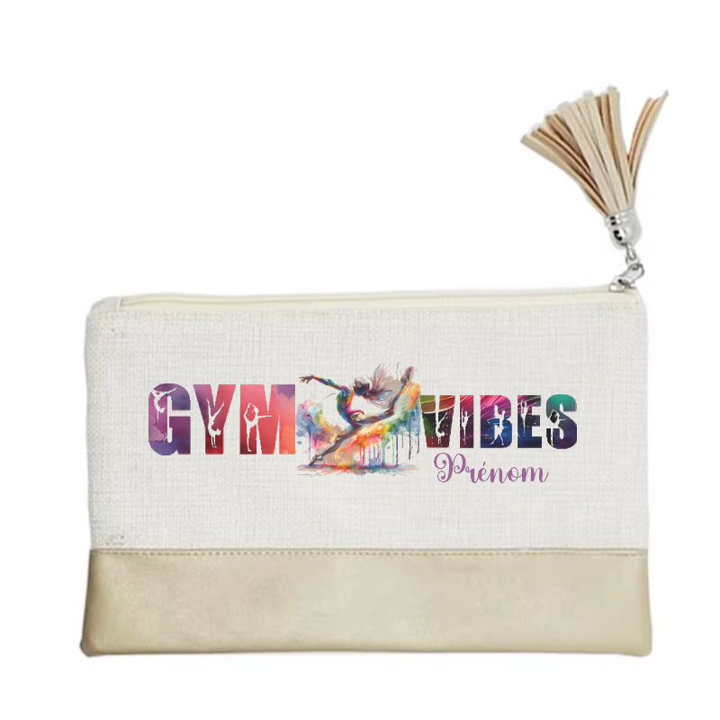 Pochette personnalisée de maquillage maniques Taperso argent avec motif gym vibes en toile et simili cuir personnalisée
