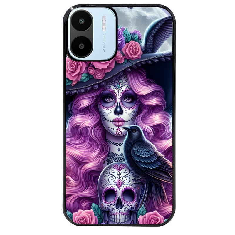 Coque noire taperso pour Redmi A1 et A2 avec motif tete de mort calavera et corbeau protection antichoc personnalisée