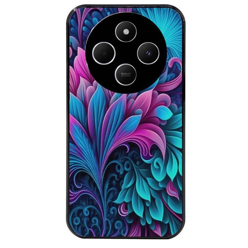 Coque noire taperso pour POCO C75 avec motif tropical violet et des fleurs protection antichoc personnalisée