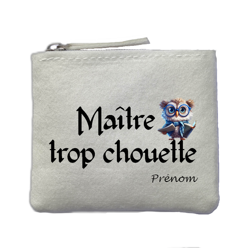 Porte monnaie personnalisé maitre chouette ivoire en feutrine en feutrine ivoire