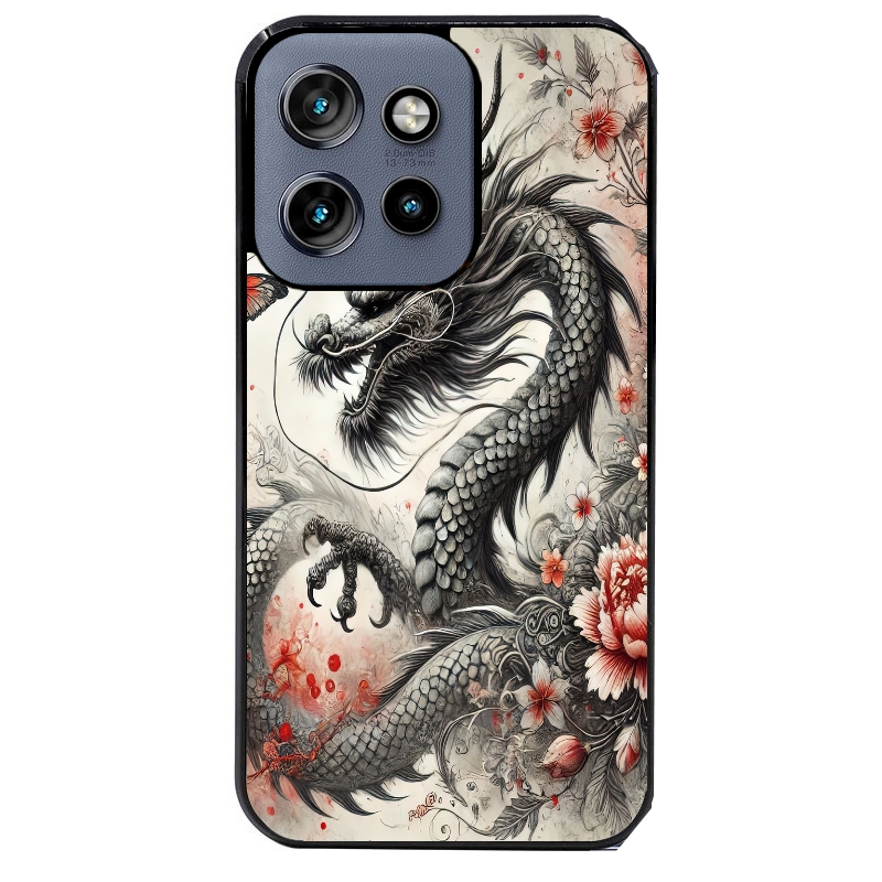 Coque noire taperso pour Moto Edge 60 et Neo Fusion Pro avec motif dragon japan protection antichoc personnalisée