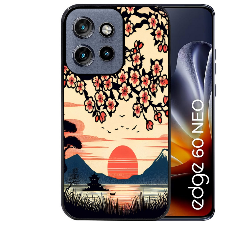 Coque noire taperso pour Moto Edge 60 et Neo Fusion Pro avec motif japan cerisier protection antichoc personnalisée