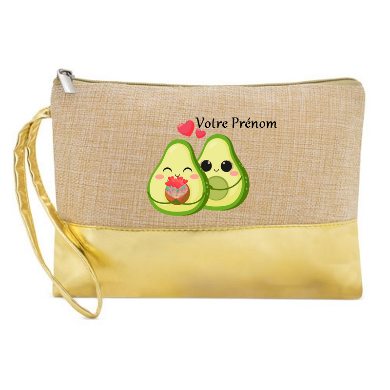 Pochette personnalisée avocat love et cœur kawaii en jute et doré en jute et doré