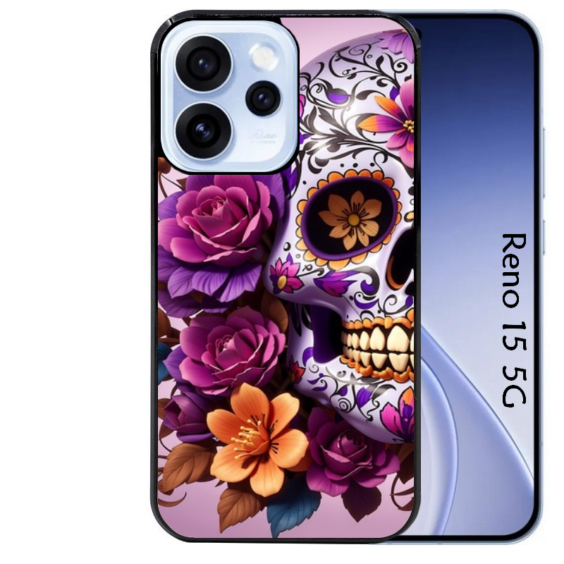 Coque noire taperso pour OPPO Reno 15 et F FS 5G avec motif tete de mort calavera violette protection antichoc personnalisée