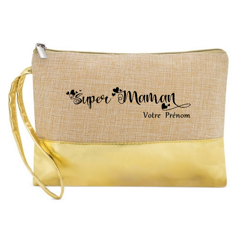 Pochette personnalisée super maman en jute et doré en jute et doré