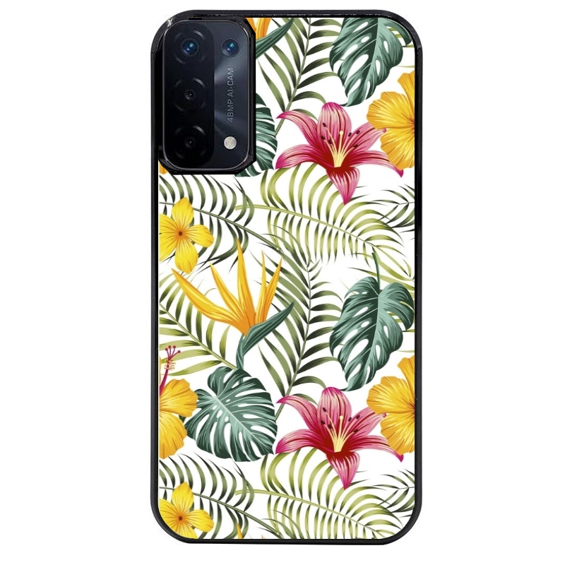Coque noire taperso pour OPPO A54 et A74 5G avec motif jungle et fleur hibiscus protection antichoc personnalisée