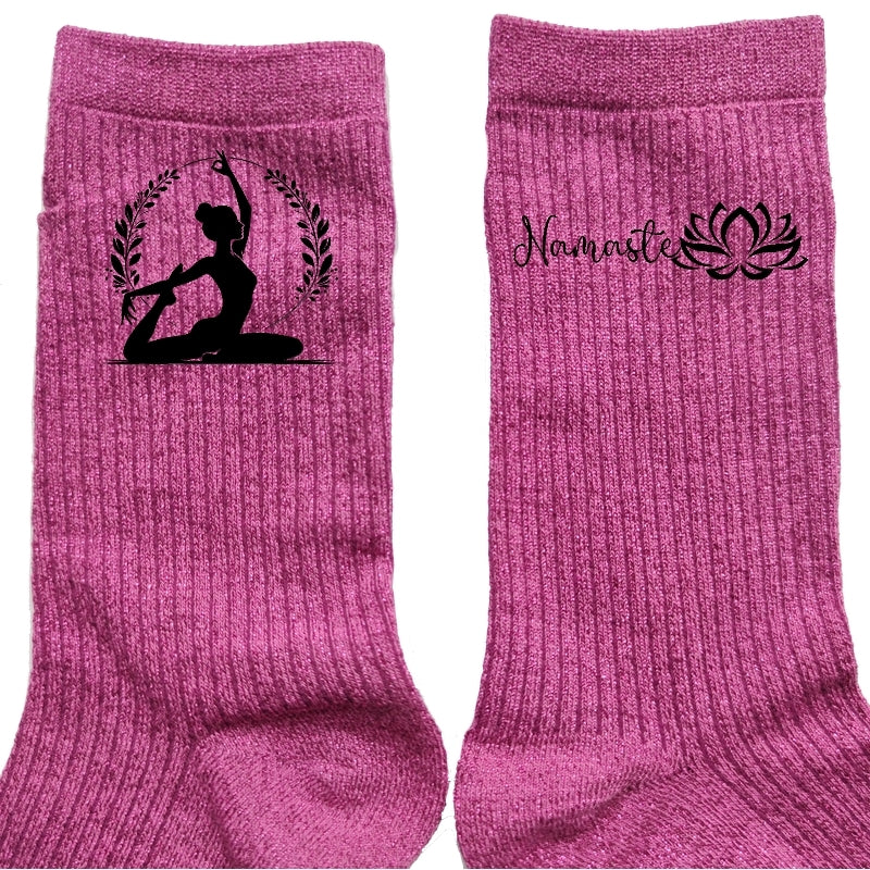Chaussettes paillettes rose motif yoga namaste