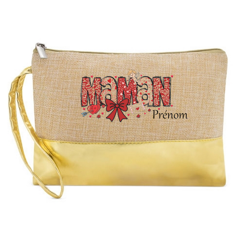 Pochette maman coeur personnalisée en jute et doré en jute et doré