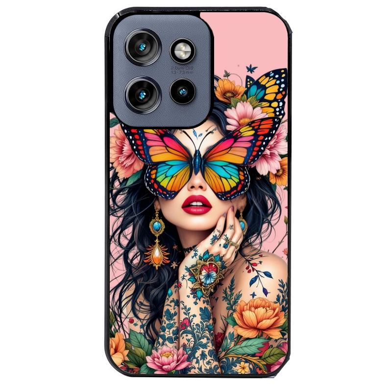 Coque noire taperso pour Moto Edge 60 et Neo Fusion Pro avec motif femme papillon protection antichoc personnalisée