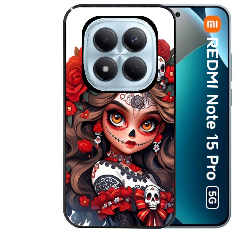 Coque noire taperso pour Redmi Note 15 et PRO PLUS 4G 5G avec motif tete de mort calavera rouge protection antichoc personnalisée