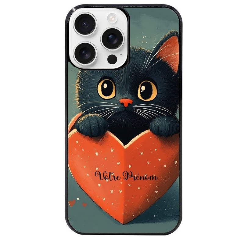 Coque noire taperso pour Iphone 16 16E PLUS MAX PRO avec motif chat et coeur avec prenom protection antichoc personnalisée