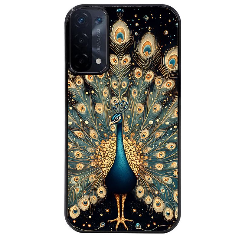 Coque noire taperso pour OPPO A54 et A74 5G avec motif paon mandala protection antichoc personnalisée