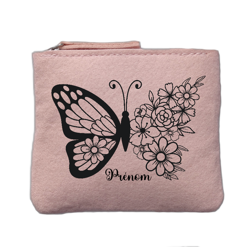 Porte monnaie personnalisé motif papillon fleurs rose clair en feutrine en feutrine