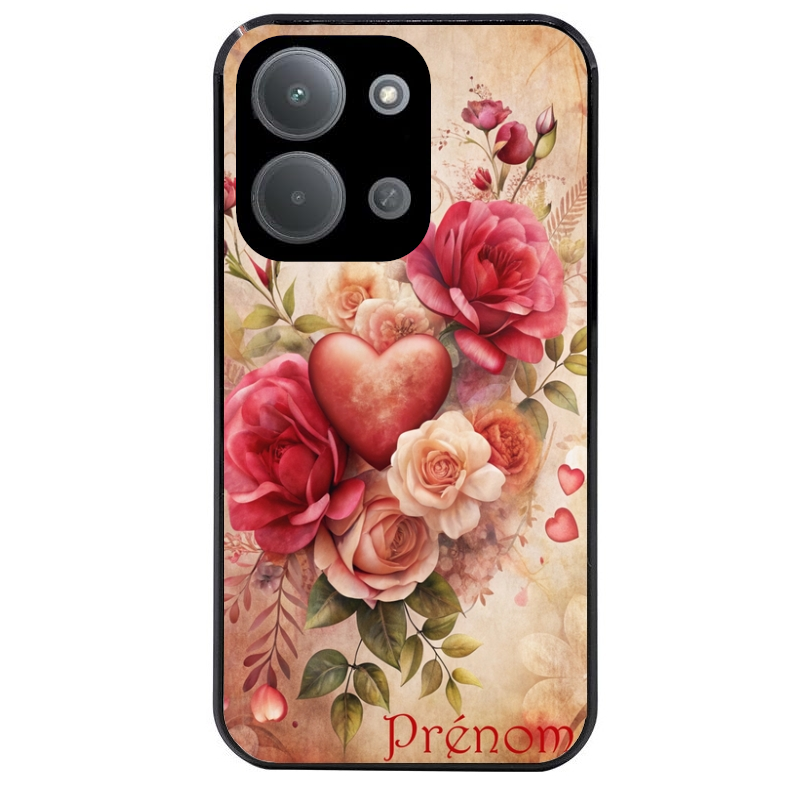 Coque noire taperso pour POCO C85 avec motif coeur et fleur personnalisee protection antichoc personnalisée