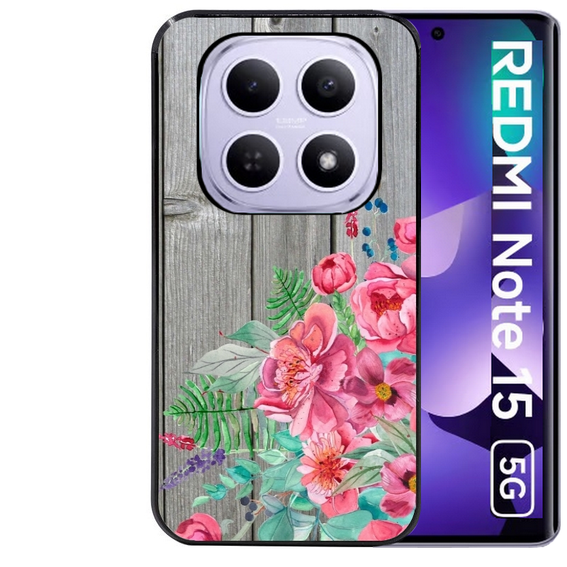 Coque noire taperso pour Redmi Note 15 et PRO PLUS 4G 5G avec motif bois gris et fleur rose protection antichoc personnalisée