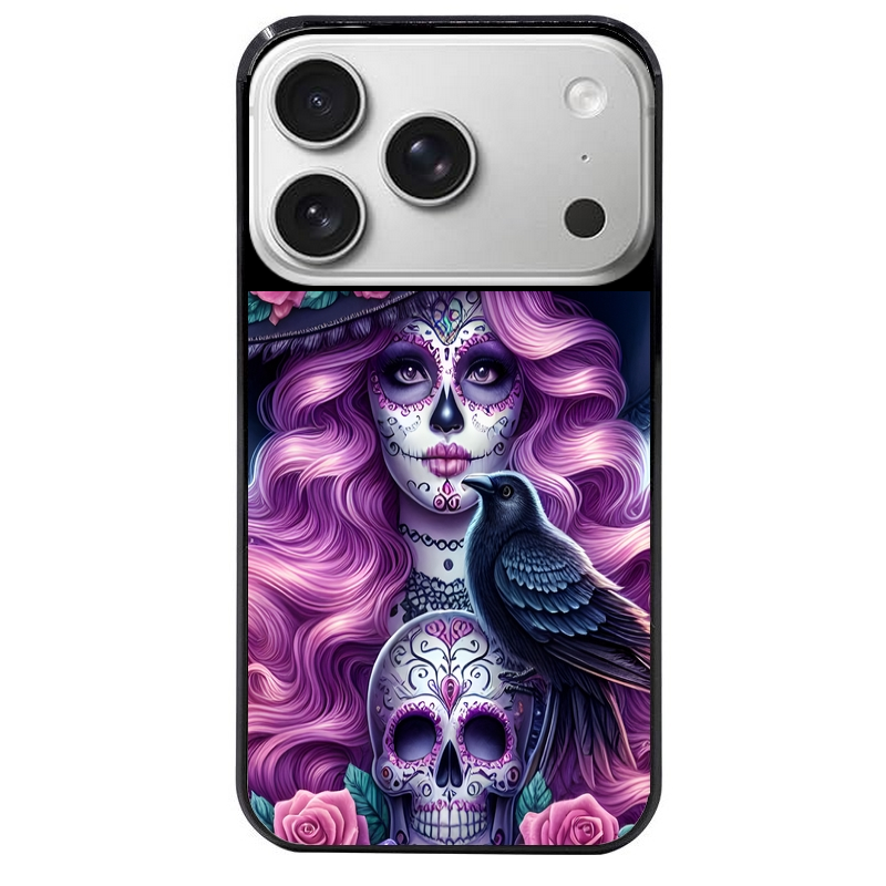 Coque noire taperso pour Iphone 17 17E AIR MAX PRO avec motif tete de mort calavera et corbeau protection antichoc personnalisée