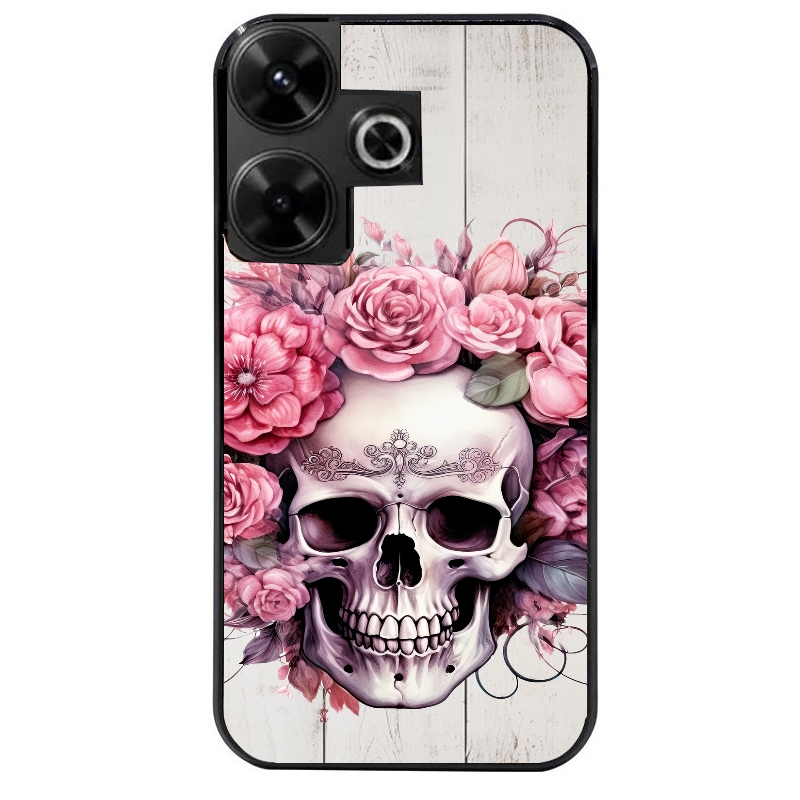 Coque noire taperso pour POCO M6 4G avec motif tete de mort floral protection antichoc personnalisée