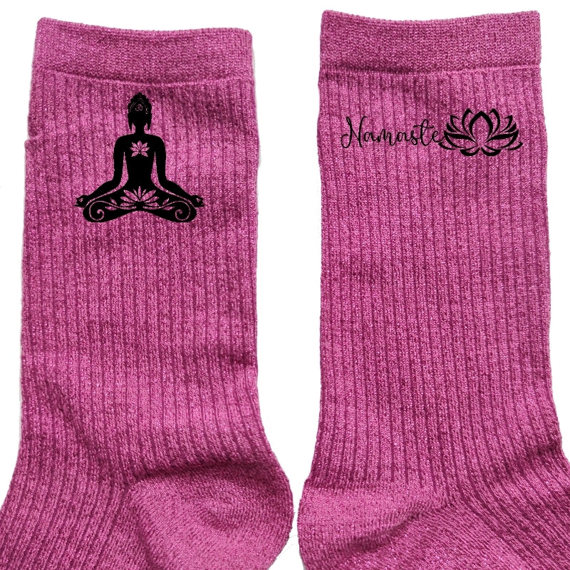 Chaussettes paillettes rose motif bouddha namaste