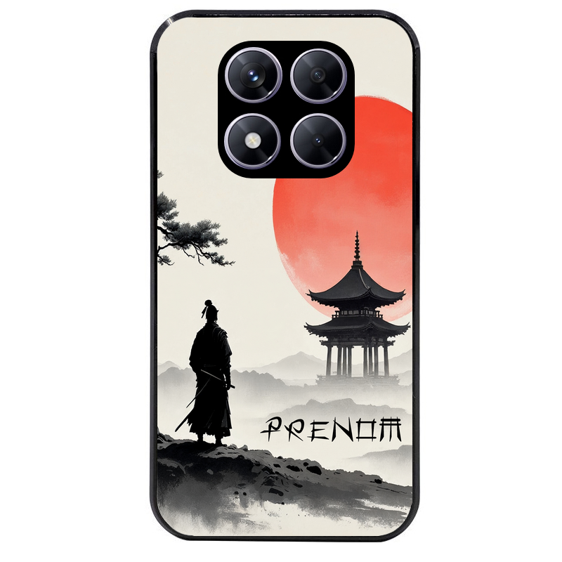 Coque noire taperso pour Redmi Note 14 et PRO PLUS 4G 5G avec motif samourai et temple personnalisee protection antichoc personnalisée