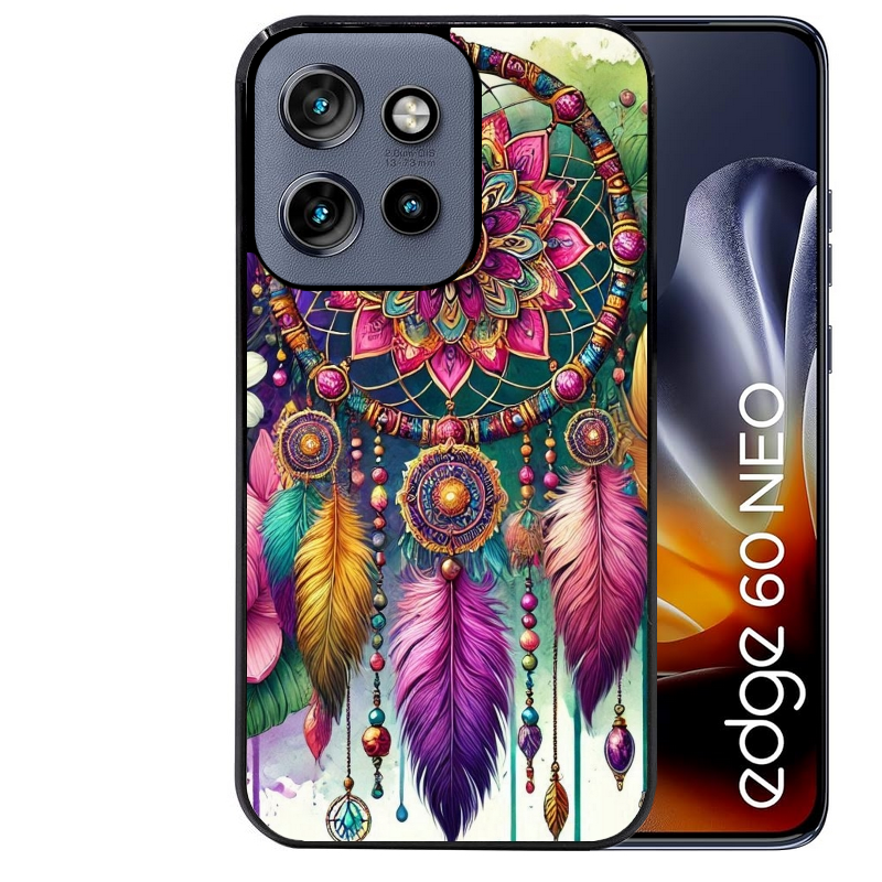 Coque noire taperso pour Moto Edge 60 et Neo Fusion Pro avec motif dreamcatcher et mandala protection antichoc personnalisée