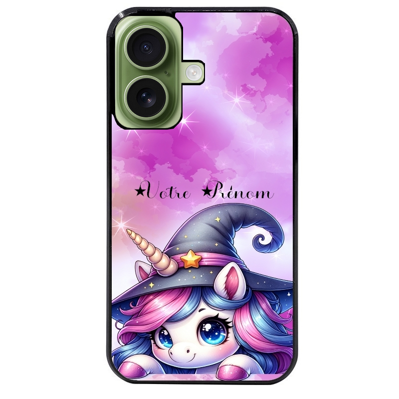 Coque noire taperso pour Iphone 16 16E PLUS MAX PRO avec motif licorne magic avec prenom protection antichoc personnalisée