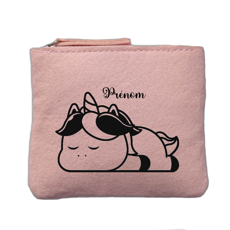 Porte monnaie personnalisé motif licorne paresseuse rose clair en feutrine en feutrine