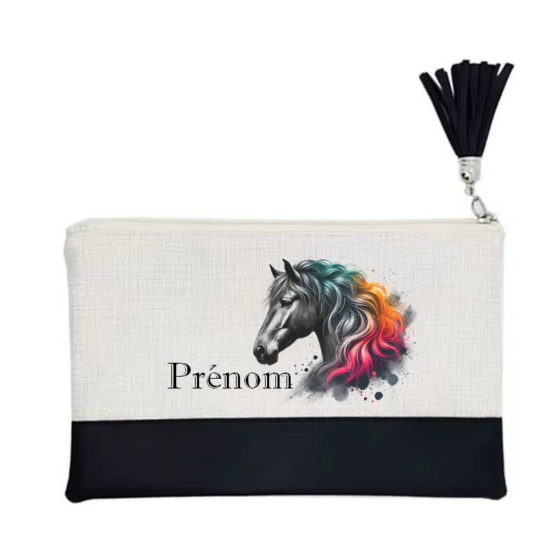 Pochette personnalisée motif cheval color en toile et simili cuir personnalisée