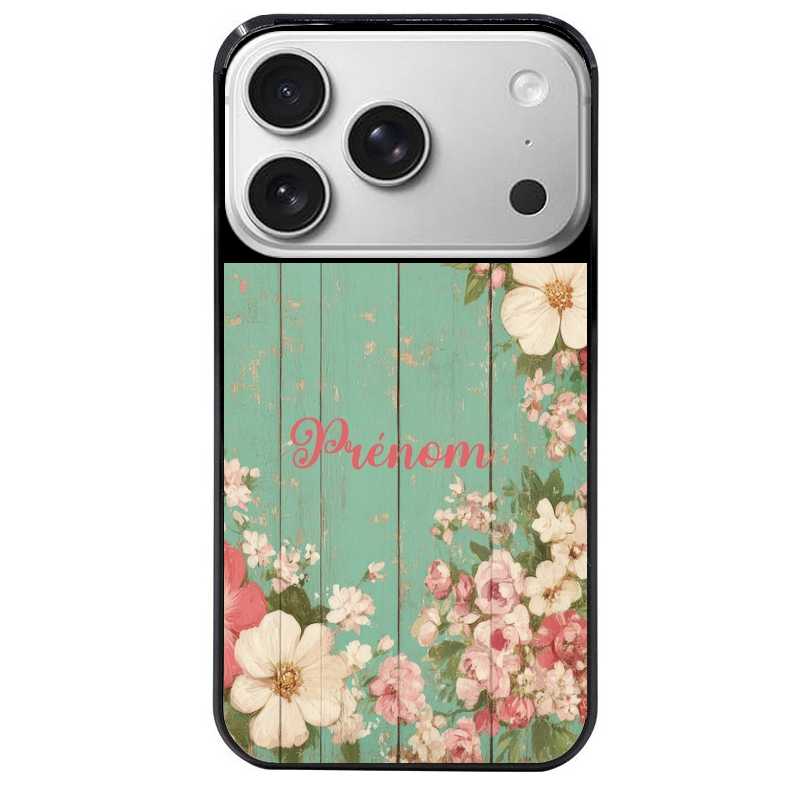 Coque noire taperso pour Iphone 17 17E AIR MAX PRO avec motif bois et fleur avec votre prenom protection antichoc personnalisée
