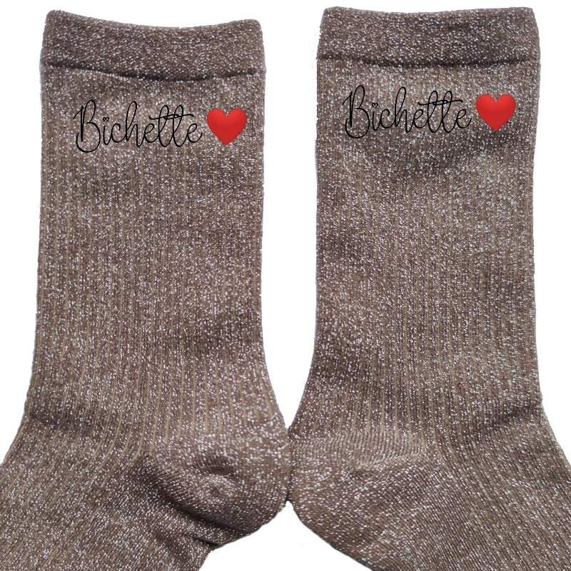 Chaussettes paillettes bronze motif bichette