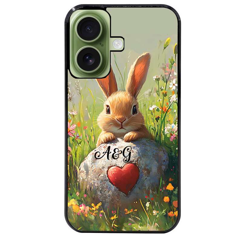 Coque noire taperso pour Iphone 16 16E PLUS MAX PRO avec motif lapin et fleurs personnalisee protection antichoc personnalisée