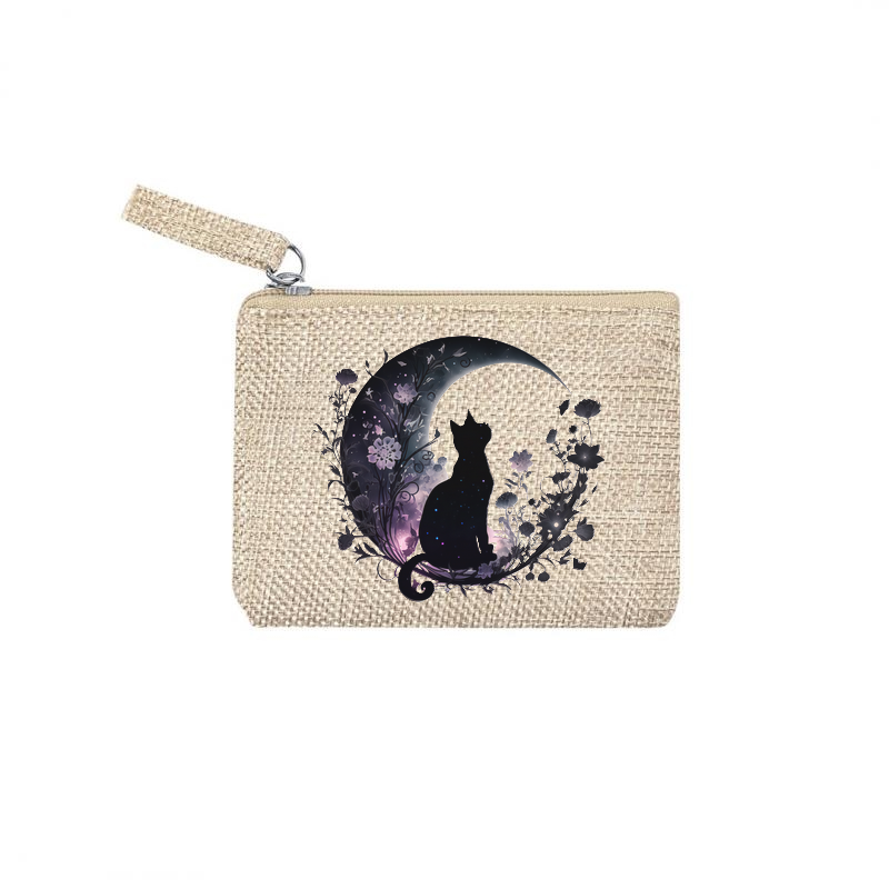 Pochette personnalisée motif chat lune en toile et simili cuir personnalisée