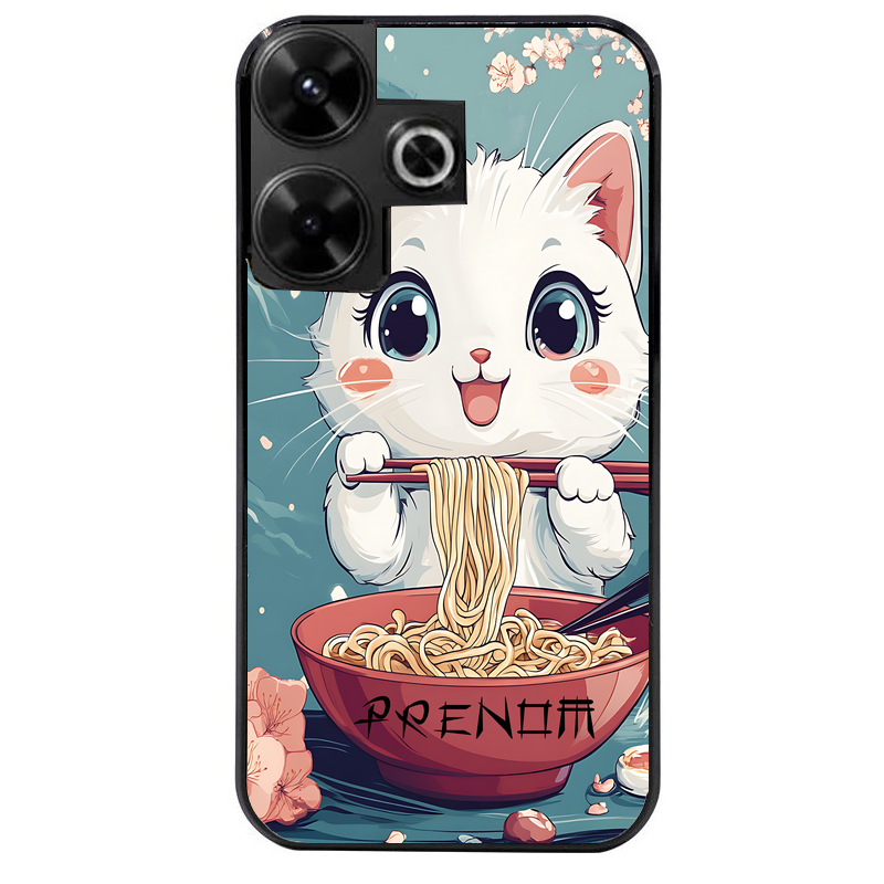 Coque noire taperso pour POCO M6 4G avec motif chat ramen cerisier protection antichoc personnalisée